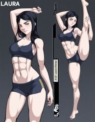 1girls abs ai_generated athletic athletic_female barefoot black_hair black_nails black_toenails bra character_name character_sheet feet female female_focus female_only green_eyes laura_kinney legs legs_up marvel marvel_comics muscle_tone muscles navel pale_skin posing protocat rogue-like:evolution_(game) shorts stretching tank_top thighs toned toned_female x-23 x-men x-men_evolution
