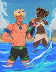 1boy 1girls 2025 2d 2d_(artwork) alternate_costume annoyed_expression artist_request asian_male blonde_male chinese_male dark-skinned_female female human human_only hydrokinesis illari_(overwatch) illari_quispe_ruiz latina light-skinned_male male overwatch overwatch_2 peruvian_female poolside_illari poolside_wuyang powers sfw source_request summer_games_series teasing tsundere waves wholesome wuyang