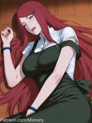 ai_generated apron artist_name between_legs black_apron blush bracelet breasts collared_shirt dress_shirt female green_apron grey_eyes gumroad_logo hair_ornament hair_spread_out hairclip half-closed_eyes hand_between_legs hand_up jewelry large_breasts long_hair looking_at_viewer lying mionety naruto_(series) naruto_shippuuden on_back on_floor open_mouth parted_bangs patreon_username red_hair school_uniform shadow shirt short_sleeves sidelocks smile solo strap_slip teeth twitter_username upper_teeth_only very_long_hair watermark web_address white_shirt wooden_floor wristband