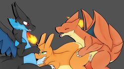 1girls 2boys arms belly big_balls big_penis charizard closed_eyes cum cum_in_mouth cum_in_pussy cum_inside eyes_open female fillmore fire green_eyes laying licking_cum licking_penis looking_at_another looking_at_partner mega_charizard mega_charizard_x mega_charizard_y mouth nintendo open_mouth penis pink_penis pokemon pokemon_(species) pussy red_eyes saliva sex short_tail simple_background sitting standing standing_position standing_sex tail tongue tongue_out wings