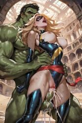 1boy 1girls ai_assisted ai_generated blonde_hair blue_eyes bodysuit bodysuit_aside breasts_out carol_danvers clitoris cum cum_overflow defeat defeated_heroine domino_mask drooling elbow_gloves green_skin hand_around_waist head_back heroine_in_trouble hi_res hulk large_breasts large_insertion large_penis larger_male legs_apart lifting_person lipstick living_sex_toy long_hair marvel marvel_comics ms._marvel_(carol_danvers) pussy rape red_eyes red_sash runny_makeup saliva self_upload size_difference smaller_female stable_diffusion standing_sex stomach_bulge tacocatbox tears thigh_boots torn_clothes torso_grab vaginal_penetration