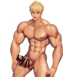 1boy abs armpits balls bara beefy big_areola big_breasts big_glans big_penis blonde_hair blue_eyes blush blushing_profusely breasts broad_shoulders collarbone completely_nude earrings erection eyebrows_visible_through_hair foreshortening foreskin foreskin_folds frenulum frown gay half-erect happy_trail hi_res huge_breasts huge_cock hunk looking_at_viewer male male_breasts male_only manly mature_male meisho_hanten muscles muscular muscular_arms muscular_male navel oppai original original_character pecs penis pubic_hair retracted_foreskin short_hair six_pack slim_waist solo standing thick_arms thick_neck thick_penis tough_guy triceps uncircumcised uncut veiny_arms veiny_penis very_high_resolution white_background wide_eyed yaoi