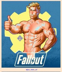 1boy abs artist_name bara biceps fallout jezz_mons_nsfw male male_focus male_only muscular muscular_arms muscular_chest muscular_male nipples pecs pectorals solo solo_male text