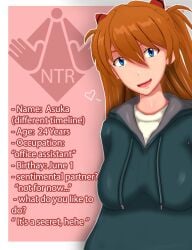 1girls 3d :d absurd_res absurdres asuka_langley_sohryu blue_eyes breasts brown_hair character_sheet clothing dialogue english_text female green_jacket hair_ornament hi_res high_resolution highres jacket large_breasts looking_at_viewer neon_genesis_evangelion open_mouth open_smile smile text vyrus_smith