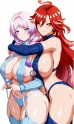 2girls ai_generated breasts citlali_(genshin_impact) female female_focus female_only genshin_impact large_breasts light-skinned_female light_skin looking_at_viewer mature_female mavuika_(genshin_impact) natlan_girls shaman shiny_skin thick_thighs thighs wet wide_hips yuukiai