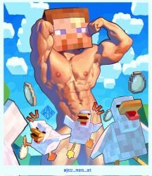 1boy abs armpits artist_name bara biceps chicken_(minecraft) cloud convenient_censoring egg flexing jezz_mons_nsfw male male_focus male_only minecraft muscular muscular_arms muscular_chest muscular_male naked naked_male nipples nude nude_male pecs pectorals sky solo solo_male steve_(minecraft) thighs