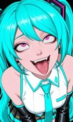 1girls 2025 ahe_gao ahegao_face ai_generated black_background blue_eyes blue_skirt blue_tie fortnite hatsune_miku hatsune_miku_(fortnite) pink_eyes saliva tagme tongue tongue_out twintails vampiregurl vocaloid