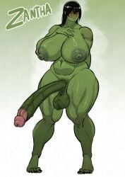 blush blush blushing_at_viewer breasts_bigger_than_head dittochad erect_penis erection gigantic_breasts looking_at_viewer orc orc_futa thick_thighs