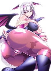 ass body breasts bridal_gauntlets capcom clothed clothing darkstalkers erect_nipples erect_nipples_under_clothes female female_only hairband hamon_ai head_wings huge_ass idolmaster innie_pussy large_breasts leotard medium_breasts morrigan_aensland nipple_bulge pink_eyes pussy_floss shijou_takane skin_tight smile solo succubus tights wedgie white_background white_hair wings