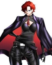1girls absurdres alternate_costume boots chaps female gloves highres jacket king_of_fighters leather leather_belt leather_gloves leather_jacket leather_pants leather_suit nagaomono_(artist) necktie pants red_hair snk thigh_boots thighhighs vanessa_(kof)
