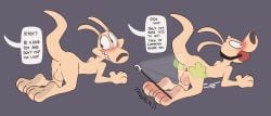 all_fours anthro anus ass ball_gag balls blush bodily_fluids cum disembodied_hand feet fur gag gagged genital_fluids genitals hand_on_butt hi_res macropod magferret_(artist) male mammal marsupial nickelodeon nude offscreen_character raised_tail rocko's_modern_life rocko_rama solo spread_butt spreading tail tan_body tan_fur teeth wallaby whip whip_mark