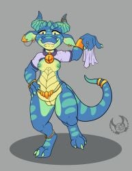 accessory anthro bell bell_collar belt blue_body bracelet breasts clothing collar digital_media_(artwork) ear_piercing ear_ring female furgonomics genitals gold_(metal) gold_jewelry green_body hi_res horn jewelry kobold lisette_(bahumot) lizard lizard_tail looking_at_viewer nipples non-mammal_breasts non-mammal_nipples piercing purple_eyes pussy reptile ring ring_piercing scalie shawnthegirl simple_background small_breasts smile solo tail tail_accessory tail_jewelry tail_ring topwear vulva yellow_sclera
