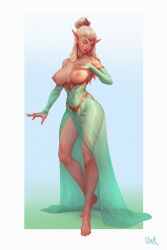 1girls barefoot belly_visible_through_clothing breasts breasts_out closed_eyes closed_eyes detached_sleeves elf_ears large_breasts original original_character pointy_ears tiara ullr