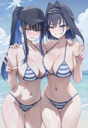 2girls ai_generated ass ass_visible_through_thighs beach big_breasts bikini blue_archive blue_eyes blue_hair blush breasts cap crossover embarrassed female grin halo hips hololive hololive_english hololive_english_-council- hololive_english_-promise- large_breasts light-skinned_female light_skin looking_at_viewer matching_outfit navel ouro_kronii outside peace_sign ponytail saori_(blue_archive) smile striped_bikini sweat sweatdrop thick_thighs thighs truck-kun_art truck_kun v virtual_youtuber vtuber wide_hips