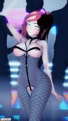 1girls arrancon breasts breasts_covered half-dressed half_naked half_naked_female hand_behind_head heterochromia multicolored_hair neo_(rwby) rave rave_outfit rave_party rwby solo_female twintails