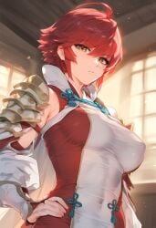ai_generated axiah big_breasts hinoka_(fire_emblem) looking_at_viewer posing red_hair slim_waist yellow_eyes