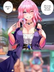 1boy 1girls camera cyrene_(honkai:_star_rail) d.d.g dress holding_object honkai:_star_rail large_breasts march_7th_(honkai:_star_rail) pink_hair pov pov_hands pov_male short_hair smile