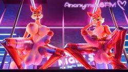 absurd_res animatronic anonymousfm anthro areola balls big_balls big_breasts big_penis breasts canid canine crouching duo erection five_nights_at_freddy's fox foxy_(fnaf) genitals glowing glowing_eyes green_eyes gynomorph hi_res huge_balls huge_breasts huge_cock inside intersex looking_down low-angle_view machine male mammal nipples nude open_mouth penis pole robot scottgames spread_legs spreading stripper_pole tail tongue tongue_out