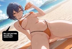 ai ai_generated beach beach_background beach_towel belle_(zenless_zone_zero) bikini blue_hair crossed_bangs day daytime green_eyes hair_ornament holding_bottle holding_object implied_incest kneeling looking_at_viewer medium_breasts micro_bikini navel orange_bikini parted_lips partially_visible_vulva pouring pouring_on_self presenting_self pussy sand sea seductive seductive_look seductive_smile short_hair smirk spread_legs spreading stomach_bulge sunscreen underboob vortalis wide_hips zenless_zone_zero