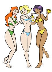 3girls alex_(totally_spies) barefoot bikini black_hair blonde_hair blue_eyes clothing clover_(totally_spies) dark-skinned_female dark_skin female_only green_eyes hazel_eyes human inspector97 lotion orange_hair pale_skin redhead sam_(totally_spies) sunscreen swimsuit swimwear totally_spies trio yellow_eyes