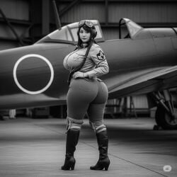 airfield alternate_history anime_inspired ass_focus aviator aviator_goggles back_arch background belt big_ass big_breasts black_and_white boob_window booty_emphasis booty_focus breast_focus bubble_butt busty cleavage clothed clothed_female commanding_presence confident_female confident_pose curvy curvy_body digital_art dominant_female exaggerated_curves female flight_suit form_fitting_clothes full_body gloves grayscale hand_on_hip hangar headset high_detail hips_focus hips_out historically_inspired historically_inspired_fashion hourglass_figure huge_ass huge_breasts japanese_uniform large_breasts leather_boots long_hair mature_female military_fashion military_uniform mitsubishi_a6m monochrome nipple_outline original_character pilot pinup_style pose_from_behind realistic_anatomy realistic_style retro_aesthetic round_ass sexy_military sexy_pose sexy_silhouette sexy_uniform shapely_ass skin_tight_pants soft_focus soft_shading solo squeezed_breasts standing_pose strong_female tactical_look tactical_uniform thick_ass thick_female thick_thighs thigh_gap tight_clothes tight_pants tight_top turned_back vintage_pinup vintage_style voluptuous warbird warplane wide_hips woman_in_uniform world_war_two ww2_plane ww2_uniform zero_plane