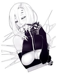 bare_shoulders black_and_white bug_joints female large_breasts materclaws monster_musume_no_iru_nichijou rachnera_arachnera solo spider_girl spider_web