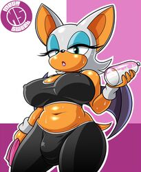 1futa anthro bat big_breasts bottle breasts bulge clothed clothing cum cum_in_bottle cum_in_container eyelashes female futanari intersex mammal megasweet membranous_wings rouge_the_bat solo solo_futa sonic_(series) standing sweat water_bottle wings