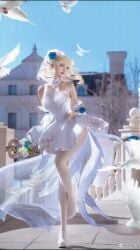 1girls 2boys ai_generated animated animated blonde_hair crying dark-skinned_male grabbing high_heels kneeling league_of_legends light-skinned_female luxanna_crownguard raped wedding_dress white_legwear
