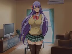 chiro_(youkai_tamanokoshi) daughter green_eyes hair_ribbon large_breasts miniskirt nozokibeya purple_hair school_uniform schoolgirl thighhighs