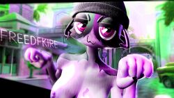 3d_render :3 anthro beanie boobs_out breasts city_background digital_art earring epic_games feline female feminine fortnite freedfkire furry looking_at_viewer meow_skulls meow_skulls_(fortnite) meowskulls neon_lighting nude nude_female paw_pose piercings purple_body purple_eyes raised_paws small_breasts smug_expression solo stylized toon_shading topless visible_nipples yellow_eyes