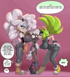 1boy 2girls ass ass bare_arms bare_legs bare_shoulders bare_thighs big_ass big_breasts big_butt blue_eyes blush color english_text female furry furry_female green_hair hi_res lanolin_the_sheep large_breasts light-skinned_female light_skin long_hair male male/female sega sharp_teeth sheep sheep_girl short_hair sonic_(series) sonic_the_hedgehog_(series) stormrayneart surge_the_tenrec tagme tenrec_girl text text_bubble thick_thighs white_hair