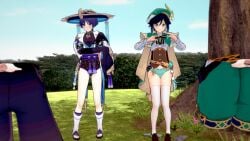 2boys 3d bottomless embarrassed embarrassed_underwear_male femboy genshin_impact male_only noirmysty panties pants_pull pantsless scaramouche_(genshin_impact) thighhighs undressed venti_(genshin_impact)