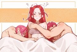 2boys 2boys1girl ? ?? abby_(kpop_demon_hunters) chui_art clothed_female_nude_male female hickey kpop_demon_hunters mira_(kpop_demon_hunters) mmf_threesome morning_after pink_hair red_hair romance_(kpop_demon_hunters) small_breasts straight threesome tubetop twintails waking_up