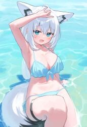 :3 :d blue_swimsuit blush cute deaver frilled_swimsuit frills hand_on_head hololive large_breasts looking_at_viewer partially_submerged shirakami_fubuki smile swimsuit tareme virtual_youtuber water