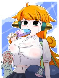 3girls artist_request big_breasts breasts character_in_background coppermine_(battle_cats) duffel_bag female hot kai_(battle_cats) kuu_(battle_cats) nipples_visible_through_clothing on_head orange_hair pink_nipples popsicle sanzo_cat source_request sunlight sweat the_battle_cats wet_clothes white_shirt