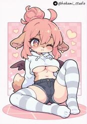 1girl ahoge ai_generated animal_ears anime anthro bangs bare_shoulders barefoot bat_wings big_ass big_breasts big_butt black_shorts blush cameltoe checkered_background cleavage colored cropped_hoodie curvy dog_ears ear_piercing earrings exposed_midriff female floppy_ears fluffy_tail full_body furry hair_bun hazel_(typh) heart-shaped_pupils hearts hourglass_figure kemonomimi large_ass large_breasts large_hips legs_apart looking_at_viewer messy_hair midriff multicolored_eyes navel no_shoes on_floor one_eye_closed open_clothes open_mouth original pink_background pink_hair short_shorts simple_background sitting small_wings solo spread_legs striped_legwear striped_thighhighs sweatdrop tail thick_legs thick_thighs thighhighs tight_shorts tongue_out underboob white_hoodie wide_hips wings wink
