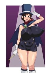 1girls big_breasts blue_eyes brown_hair capcom cape clothed clothed_female clothing covered_nipples curvaceous curvaceous_female curvaceous_figure curvy curvy_female curvy_figure digital_drawing digital_media dress earrings female female_focus female_only fully_clothed gloves gyakuten_saiban hat hourglass_figure human human_female human_only impossible_clothes impossible_dress jewelry light-skinned_female light_skin magician magician_hat nipple_bulge no_bra ookiyuzuki pale-skinned_female pale_skin red_scarf scarf simple_background single_earring solo standing textless_version top_hat trucy_wright wand white_gloves