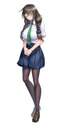 background black braid braids breasts expressionless eyes female glasses green hair kagami_hirotaka large necktie official_art only pantyhose purple school shoes simple skirt solo standing sumitani_yumi taimanin_(series) twin uniform