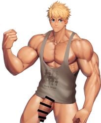 1boy abs armpits balls bara beefy big_breasts big_penis blonde_hair blue_eyes blush bottomless breasts broad_shoulders collarbone completely_nude earrings eyebrows_visible_through_hair frown gay half-erect hi_res huge_breasts huge_cock hunk looking_at_viewer male male_breasts male_only manly mature_male meisho_hanten muscles muscular muscular_arms muscular_male oppai original original_character pecs penis pubic_hair retracted_foreskin short_hair six_pack solo standing tank_top thick_arms thick_neck thick_penis tough_guy triceps uncircumcised uncut veiny_penis very_high_resolution white_background wide_eyed yaoi
