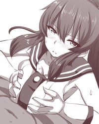 belko blush breasts buttons female gloves hair_between_eyes kantai_collection large_breasts lolicept long_hair looking_at_viewer monochrome open_mouth paizuri paizuri_under_clothes ponytail sailor_collar school_uniform serafuku sleeveless solo_focus sweatdrop white_gloves yahagi_(kantai_collection)