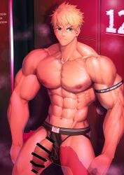 1ambiguous 1boy abs armband armpits bara beefy big_areola big_breasts big_bulge big_penis blonde_hair blue_eyes blush breasts broad_shoulders bulge bulge_through_clothing censor_bar censored censored_penis collarbone duo earrings eyebrows_visible_through_hair foreskin foreskin_folds frown gay half-erect hi_res huge_breasts huge_cock hunk indoors jockstrap looking_at_viewer male male_breasts male_only manly mature_male meisho_hanten muscles muscular muscular_arms muscular_male navel oppai original original_character pecs penis penis_out pink_light pointless_censoring practically_nude pubic_hair retracted_foreskin short_hair six_pack slim_waist standing steam steaming_body sweat sweatdrop sweating sweaty thick_arms thick_neck thick_penis topless touching_penis tough_guy triceps uncircumcised uncut underwear_aside underwear_only veiny_arms veiny_penis very_high_resolution very_sweaty wide_eyed yaoi