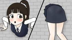 brown_eyes brown_hair lia_(kieaker) skirt stuck_in_wall