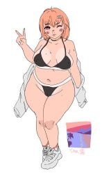 1girls alternate_version_available bbw belly breasts chubby chubby_female female footwear iroquöis mole navel one_eye_closed original original_character peace_sign plump solo solo_female v_sign white_background wink