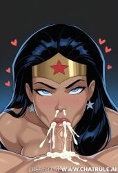 1boy 1girls ai ai_generated blowjob blue_eyes breasts close-up cum cum_drip cum_dripping cum_from_mouth cum_from_nose cum_in_mouth cum_inside cum_on_penis cumshot dark_hair dc_comics deep_blowjob deepthroat duo eye_contact fellatio female heart_symbol male oral oral_sex penis pov pov_eye_contact semen semen_in_mouth swallowing swallowing_cum wonder_woman wonder_woman_(series)