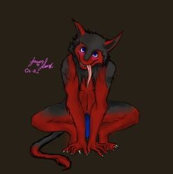 anthro black_body black_fur blue_eyes blue_penis brown_background chumbasket crouching erection front_view fur genitals grin hi_res long_tongue male male_anthro nude penis red_body red_fur sergal signature simple_background smile solo tongue tongue_out