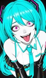 1girls 2025 ahe_gao ahegao_face ai_generated bare_shoulders black_background blue_eyes blue_skirt blue_tie crazy_eyes crazy_smile fortnite freaky hatsune_miku hatsune_miku_(fortnite) looking_at_viewer pink_eyes saliva smile tagme tongue tongue_out twintails vampiregurl vocaloid