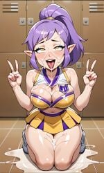 ahe_gao ai_generated amity_blight big_breasts cheerleader cheerleader_outfit cheerleader_uniform cum cum_on_face cum_on_thighs double_v female female_only legitimate long_hair on_knees peace_sign ponytail purple_hair smiling solo solo_female the_owl_house thick_thighs tongue_out yellow_eyes