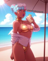 1girls ai_generated big bikini breasts dark-skinned_female dark_skin denim_shorts league_of_legends league_of_legends:_wild_rift qiyana_yunalai sergunyaa23 tagme