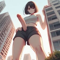 1dickgirl 1futa 2d 2d_(artwork) ai_generated big_cock big_penis cock dickgirl exposed_cock exposed_penis futa_only futanari giant_cock huge_cock light-skinned_futa light-skinned_futanari light_skin looking_at_viewer looking_down penis penis_through_zipper shorts spalela tank_top tanktop