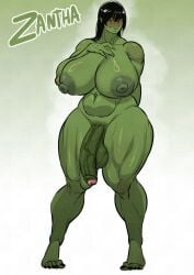 blush blush blushing_at_viewer breasts_bigger_than_head dittochad flaccid foreskin gigantic_breasts looking_at_viewer orc orc_futa thick_thighs